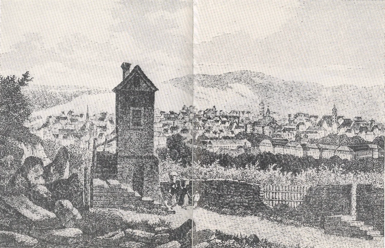 Historische Ansicht des Kanonenhäuschens mit Blick auf Stuttgart.
