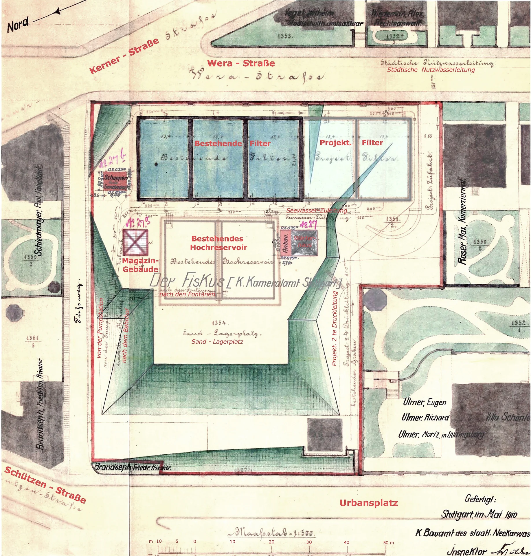 Plan der Erweiterung des Königlichen Wasserwerks an der Werastraße.