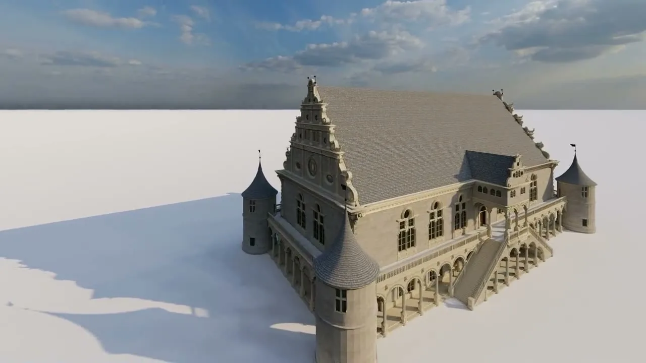 Standbild aus dem Lusthaus-Video: das rekonstruierte Gebäude mit Dach, Türmen und Freitreppe.