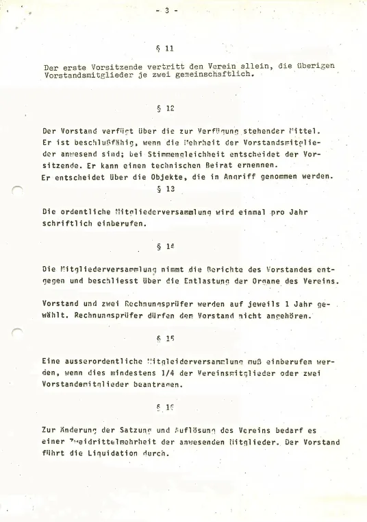 Historische Satzung, gedruckte Seite 3, Paragraphen 11 bis 16