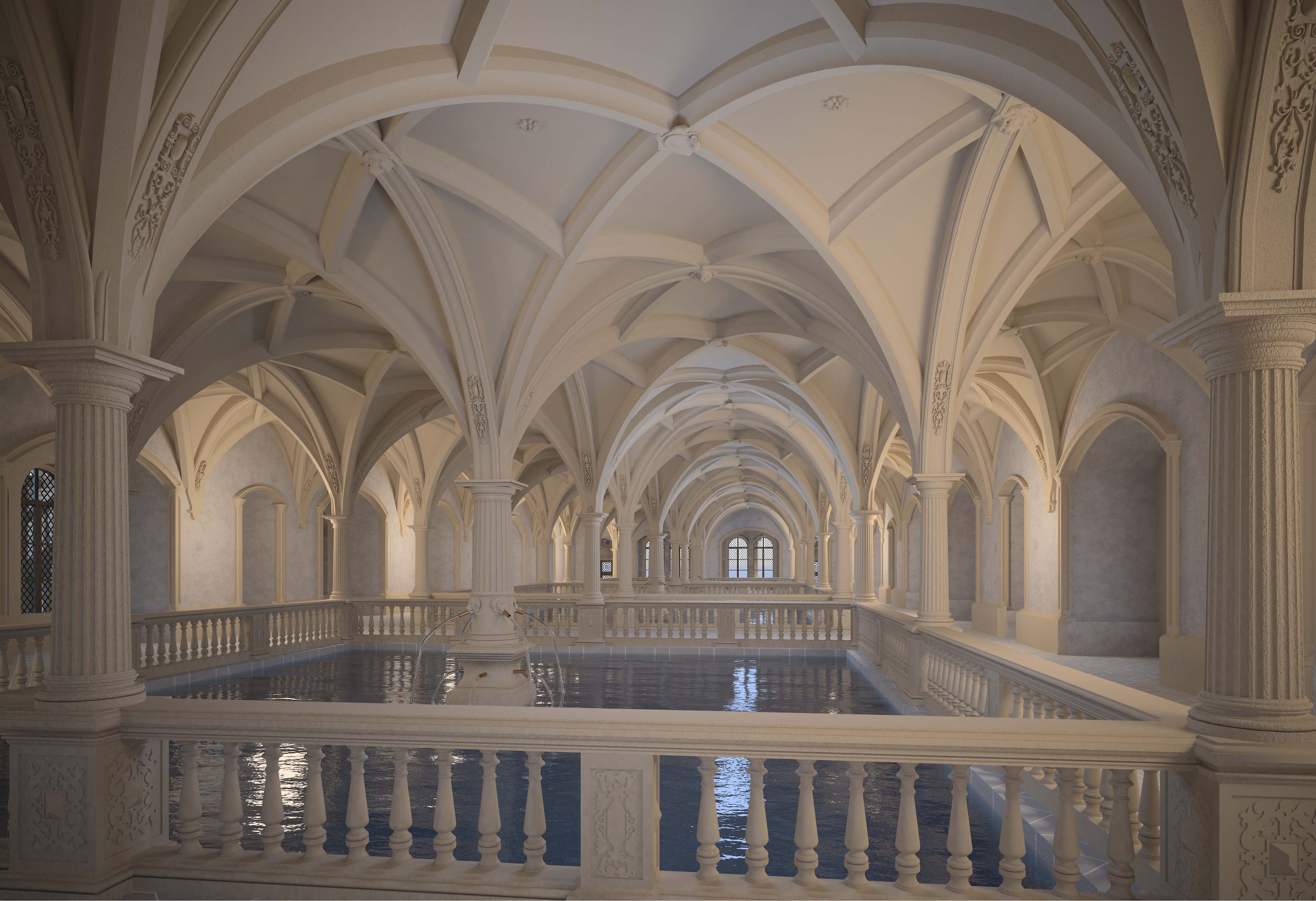 Digitale Rekonstruktion des Erdgeschosses im Lusthaus mit Wasserbecken